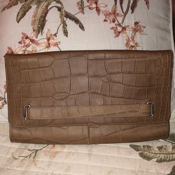 Halogen Tan Leather Croc Print Envelope Clutch - Picture 1 of 5